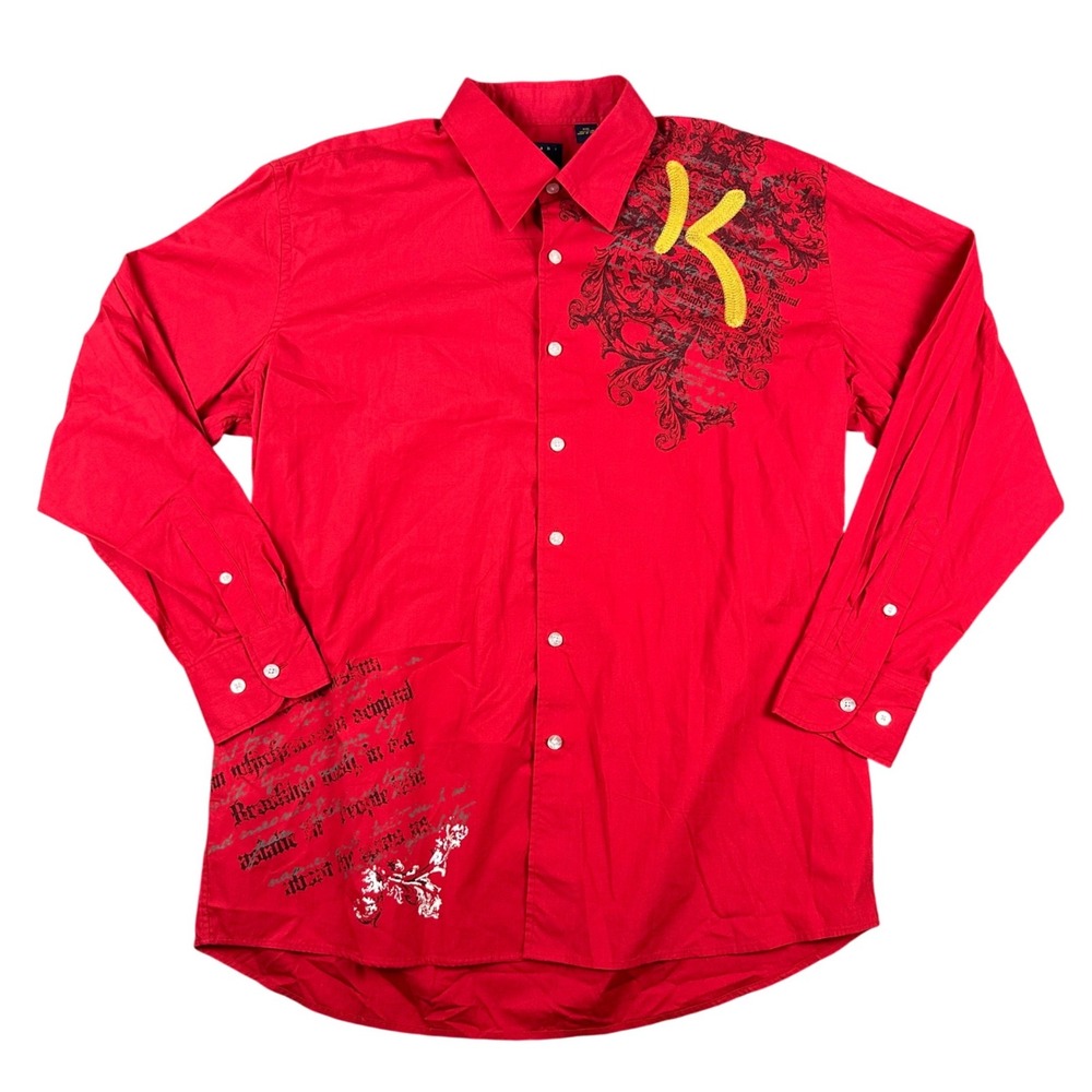 Karl Kani Mens XXL Red Baroque Graphic Button Up Shirt Y2K Kani Gold Streetwear